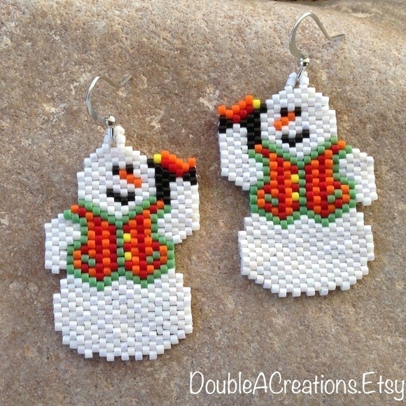 Snowman Holding a Bird Beaded Earrings, New, Handmade by Me - Picture 1 of 4
